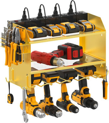 Modular Power Tool Organizer Wall Mount With Charging Station. Garage 4 Drill Storage Shelf With Hooks, Drill Bit Heavy Duty Rack, Tool Battery Holder