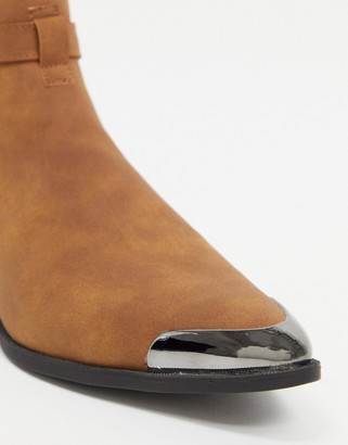 ASOS DESIGN cuban heel western chelsea boots in tan faux suede with buckle detail