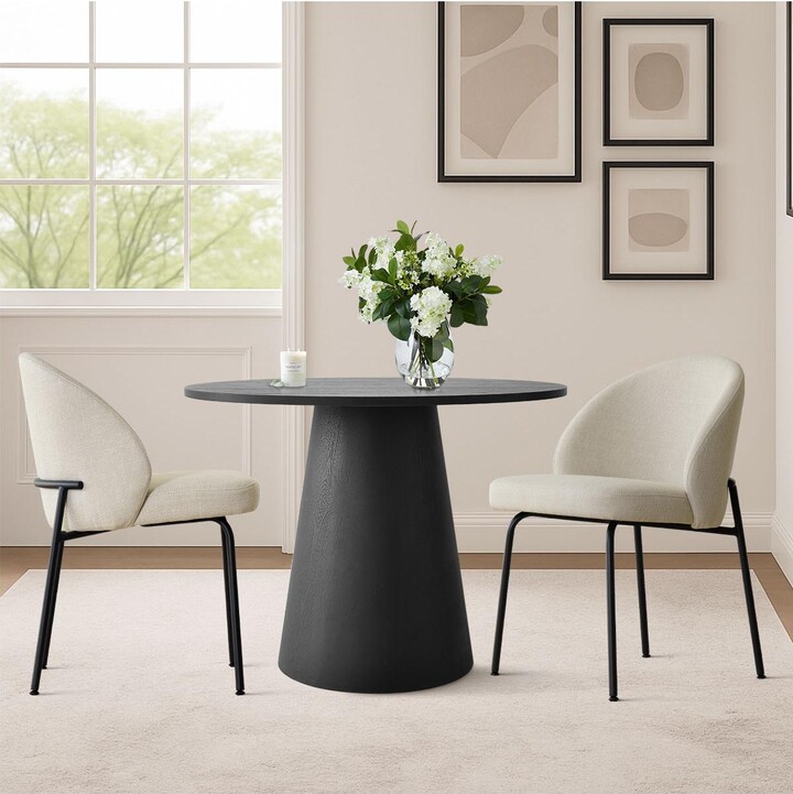 3-Piece 35 Inch Round Dining Set with Black Pedestal Table and 2 Fabric Upholstered Armless Chairs with Black Metal Legs-Maison Boucle - Beige/khaki