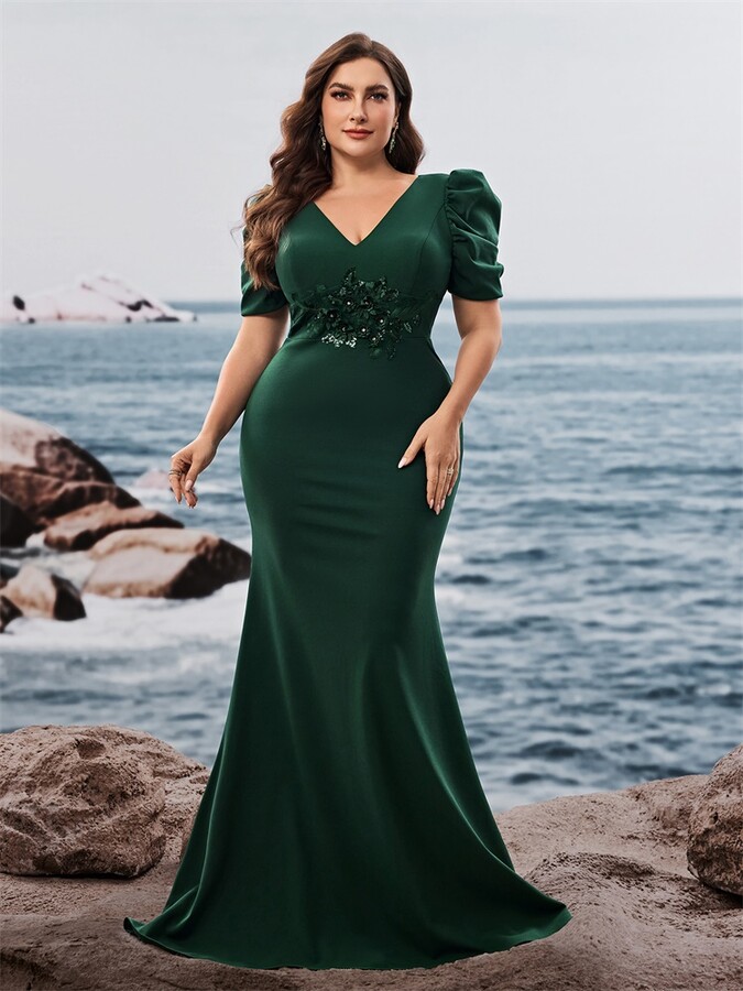 Lucy in love Plus Size Luxury Short Sleeve Applique Evening Dress For 2024 Elegant Long Green Wedding Party Prom Cocktail Gown