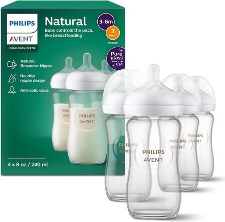 Avent Naturally Philips Natural Glass Baby Bottles with Natural Response Nipples (Medium Flow, Flow 3), 8oz, 4-pack, SCY913/04
