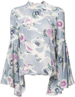 Co flare cuffed floral print blouse