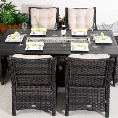 Moda Furnishings 7-Piece Outdoor Rectangular Aluminum Fire Pit Dining Set