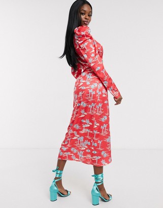 NEVER FULLY DRESSED wrap midi dress with puff sleeve detail in red palm print