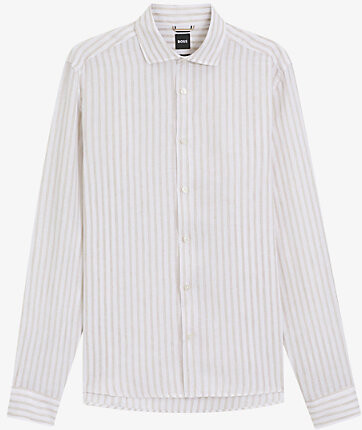 HUGO BOSS Mens Open Beige Striped Regular-Fit Linen Shirt L