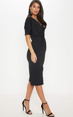 PrettyLittleThing Black Slinky Ruched Top Batwing Midi Dress