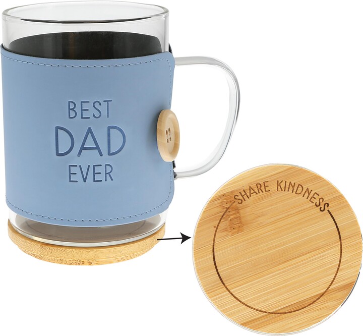 Pavilion Gift Company - "Best Dad Ever 16 oz Glass Coffee Cup Mug With Unique Blue Wrap & Bamboo Coaster Cap 3 Piece Daddy Dada Papa Father Present Gift
