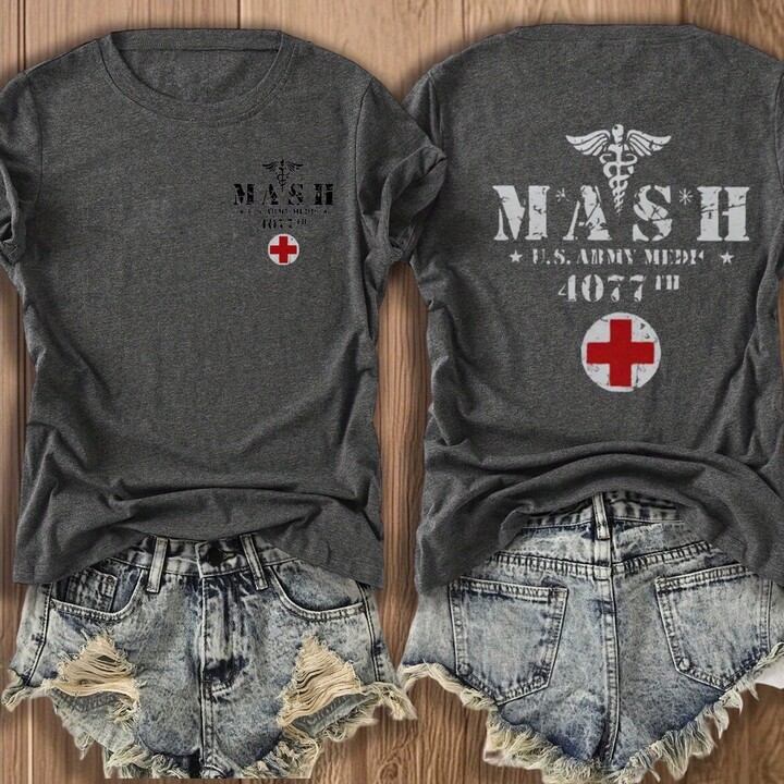 Temu Mash Mobile Hospital Vintage Graphic Tee For Enthusiasts - Retro Style Double-sided Print Cotton-blend T-shirt With Double-sided Print