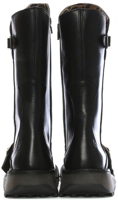 Fly London Mes Black Leather Low Wedge Calf Boots