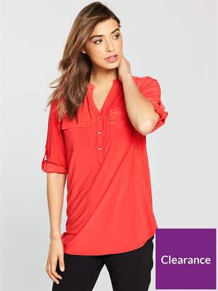 Wallis Button Jersey Three-Quarter Sleeve Shirt - Red