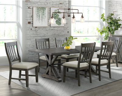 Sunset Trading Trestle 5 Piece Dining Set | 96" Rectangular Extendable Table | 4 Upholstered Side Chairs | Distressed Gray Wood | Seats 8