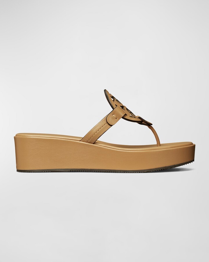 Tory Burch Miller Leather Logo Wedge Thong Sandals