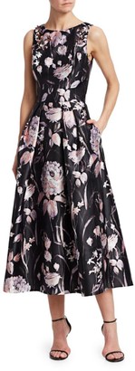Theia Sleeveless Embellished Floral Tea-Length Dress