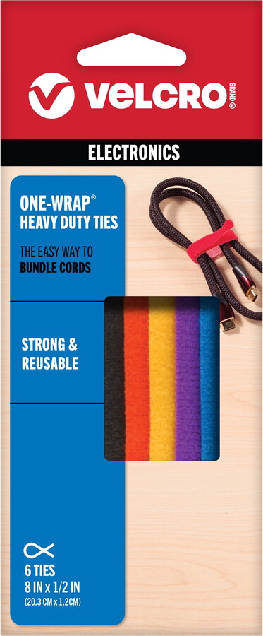 VELCRO Brand ONE-WRAP Heavy Duty Ties for Electronics, Multicolor 8" x 1/2" Reusable Ties 6 Count