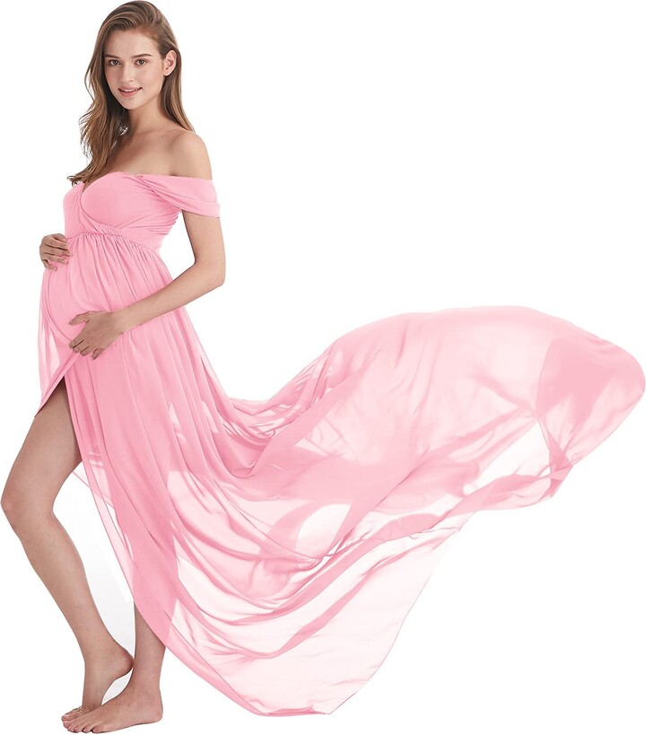 AYMENII Maternity Chiffon Dresses for Photo Shoot Off Shoulder Split Front Maxi Photography Wedding Party Baby Shower Gown 