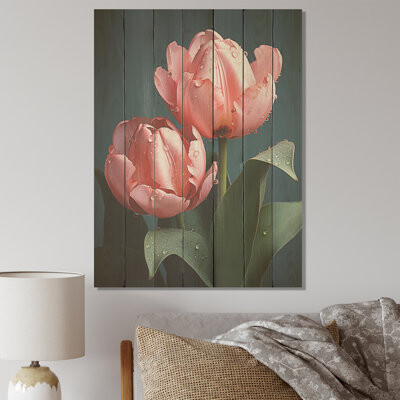 Ebern Designs Minimalims Pink Tulip Blooms - Tulips On Wood Print