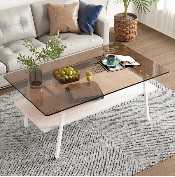 MayeertyRectangleCoffeeTableTemperedGlassTabletopwithWhiteMetalLegsModernTableforLivingRoomBrownGlass