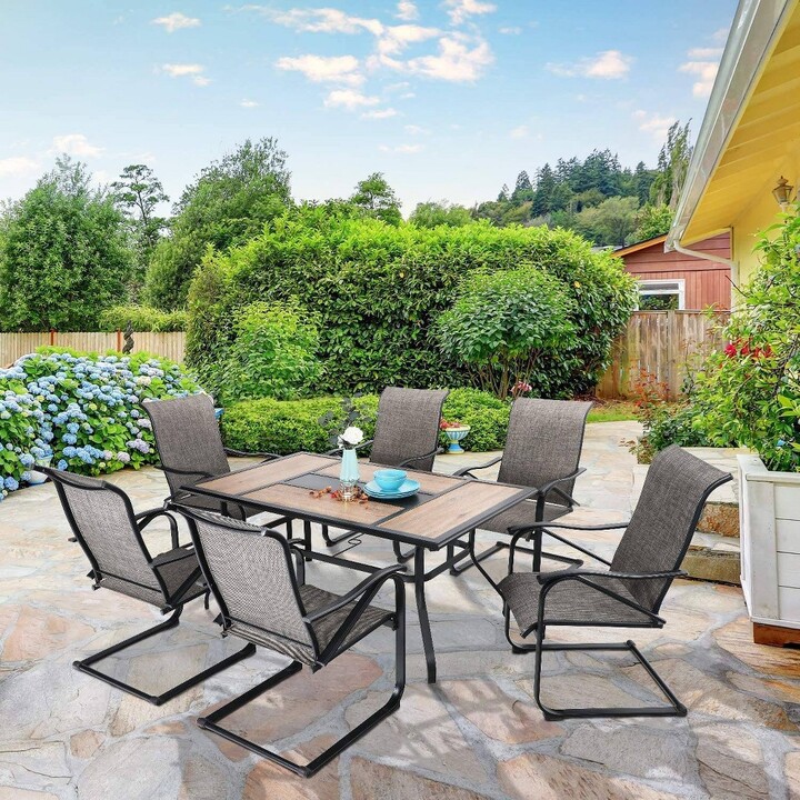 7pc Patio Dining Set with Rectangular Table with Umbrella Hole & C