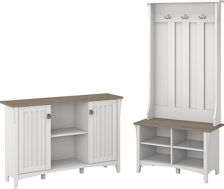 Bush Furniture Salinas 68" Storage Set with Hall Tree, Shoe Bench, Cabinet, 5 Shelves, Shiplap Gray/Pure White (SAL008G2W)