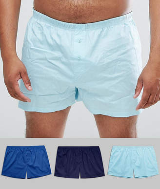 ASOS DESIGN PLUS Woven Boxers In Blues 3 Pack
