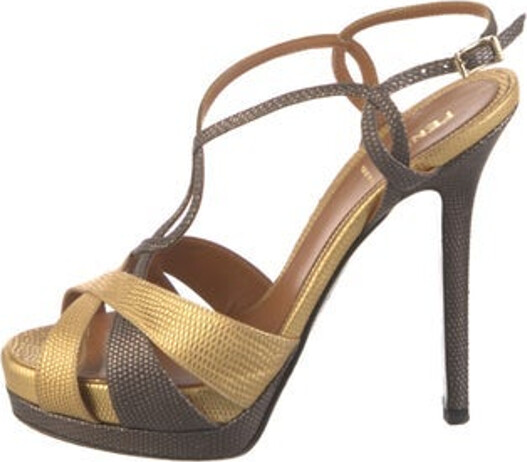 Fendi Leather T-Strap Pumps Gold Colorblock Pattern Peep-Toes Platform Crossover Straps & Buckle Closure at Ankles