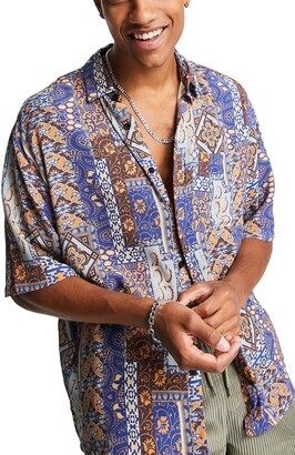 Topman Oversize Vintage Print Short Sleeve Button-Up Shirt