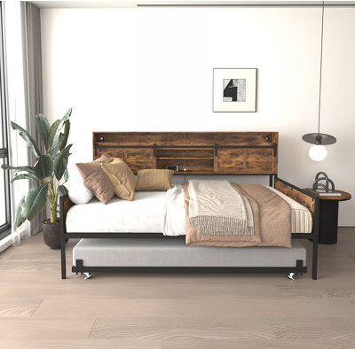 Twin Daybed with Trundle and Sliding Barn Door Headboard, Charging Station & LED Light for Rustic Bedroom Decor
