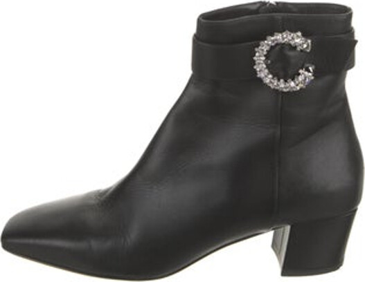 Jimmy Choo Leather Ankle Boots Black Animal Print Square-Toes with Crystal Embellishments Wrap-Around Straps & Concealed Zip Closure at Sides Includes Dust Bag