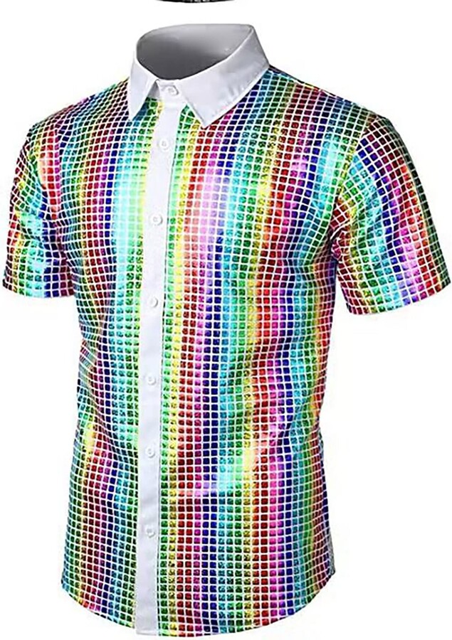 Caxndycing Men's Sequin Dress Shirt 70s Disco Party Costume Metallic