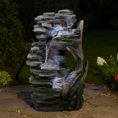 Millwood Pines Rustic Stream Outdoor Water Fountain with LED Lighting Adjustable Flow and Durable Weather-Resistant Build