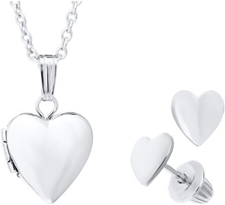 Mignonette Sterling Silver Heart Locket Necklace & Earrings Set