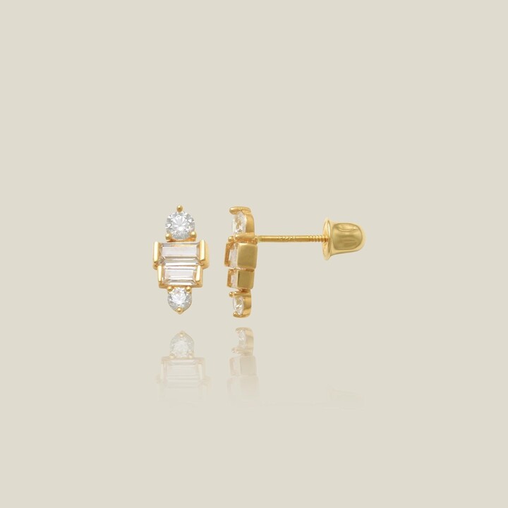 14K Real Solid Gold Baguette Cut Cz Screw-Back Stud Earrings, Cubic Zirconia Earlobe Cartilage Helix Tragus Ear Elegant Wedding Jewelry