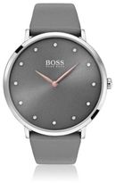 Slimline watch with dark grey dial and leather strap
