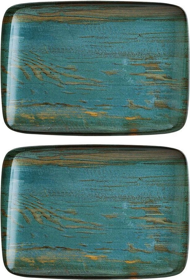 Turgla Home Blue / Brown Madera Rectangular Decorated Porcelain Plate Set Of Two