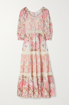 LoveShackFancy Evren Crocheted Lace-trimmed Floral-print Cotton And Silk-blend Maxi Dress - Pastel pink