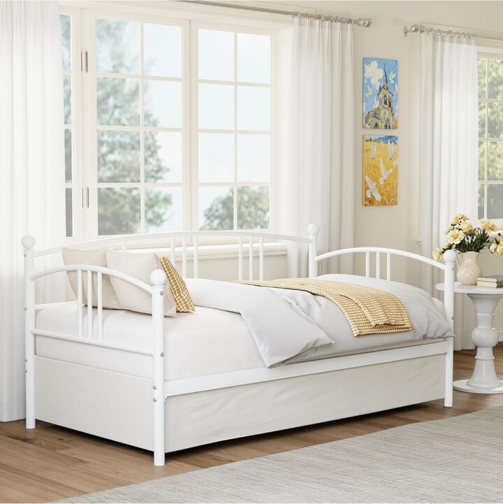 gaomon Twin Daybed with Trundle Metal Twin Pullout Trundle Steel Slats Casters Sofa Bed for Living Room Guest Room