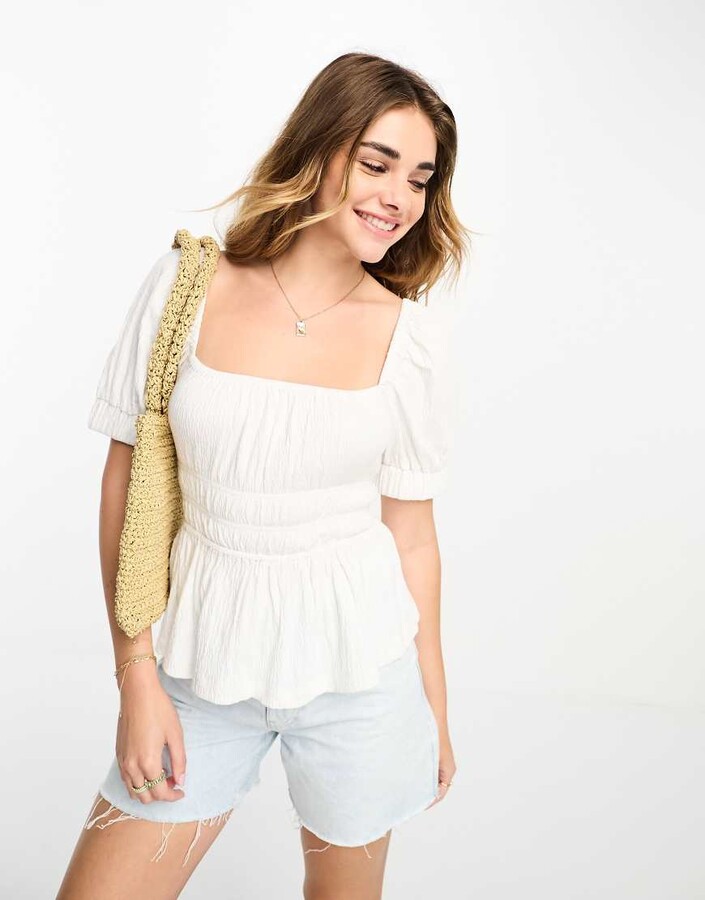 ASOS DESIGN puff sleeve textured smock blouse in white ShopStyle