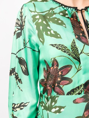 Fringed Detail Floral Print Silk Dress
