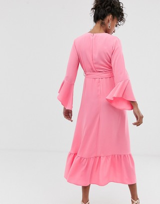 Queen Bee Maternity wrap front fluted sleeve midi dress in pink