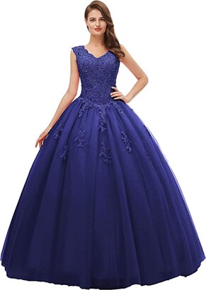 XUYUDITA Women's V-Neck Beading Lace Quinceanera Dresses Sweet 16 Appliques Prom Ball Gown Royal Blue-UK14