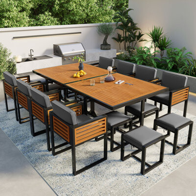 Hokku Designs 18-Pieces Acacia Wood Patio Dining Set, Space Saving Outdoor Patio Set, 8 Cushioned Chairs & 8 Ottomans & 2 Square Table