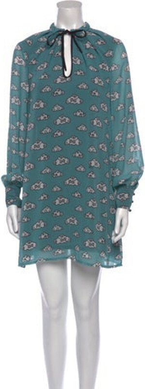 Au Jour Le Jour Linen Tent Dress Blue Floral Print Pleated Accents Long Sleeve with Mock Neck Sash-Tie Closure at Front