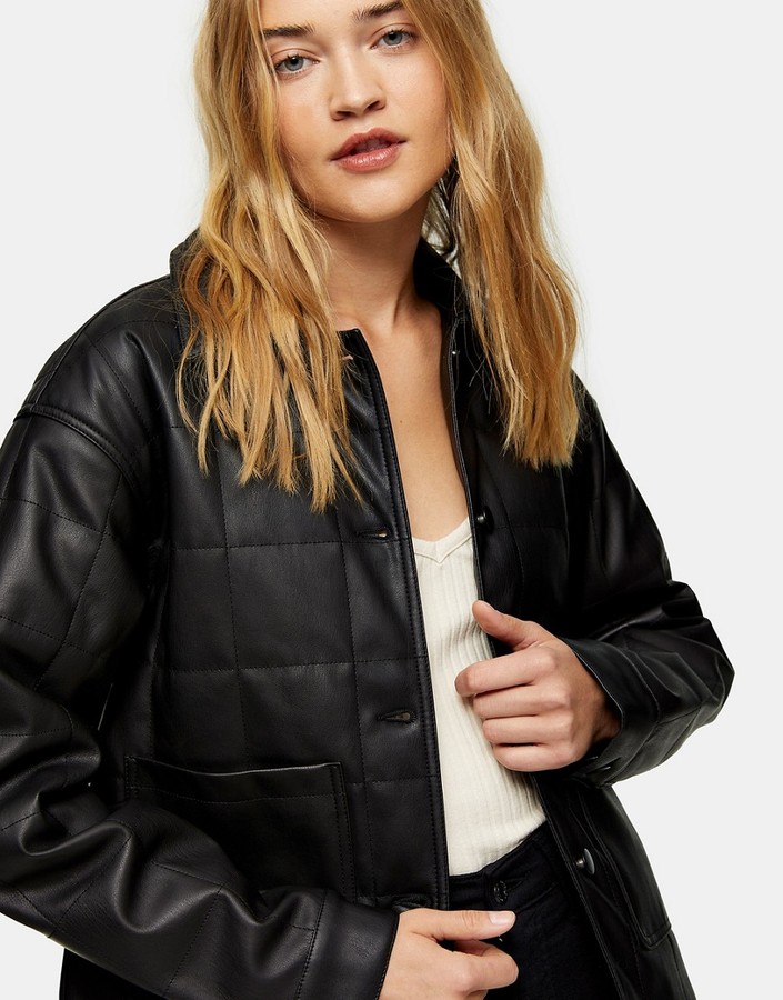 Topshop faux leather boxy quilted jacket in black - ShopStyle