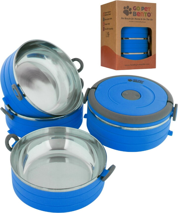 Healthy Human Travel Dog Bowls | Stainless Steel Go Pet Bento Bowl | Stackable Cat & Dog Food Bowls | Leak Proof | Set of 3 Interlocking Bowls, 2 Spare Clips, 1 Spare Handle (Blue)