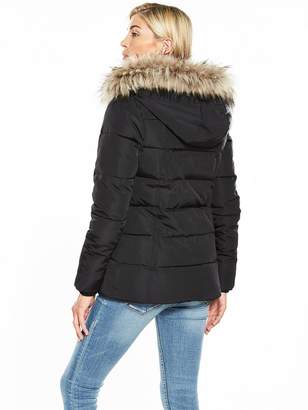 Very Short Faux Fur Trim Quilted Coat