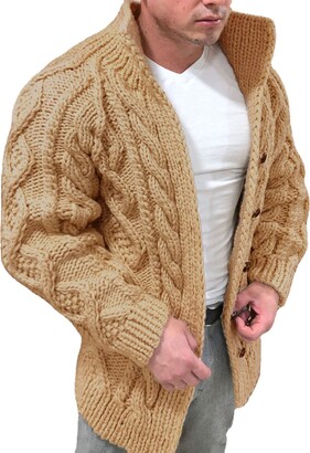Achinel Men's Chunky Cardigan Cable Knitted Thick Sweater Stand Collar  Button Down Open Front Knitwear Coat Plus Size 4XL Khaki - ShopStyle