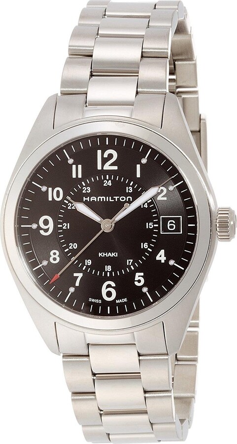 Hamilton Watch Khaki Field Quartz | Swiss Made | 40mm Stainless Steel Case | Black Dial Analog Watch | Silver Stainless Steel Bracelet (Model: H68551933)