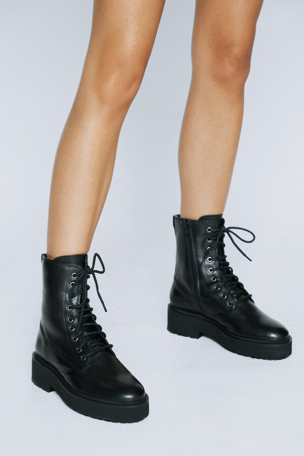 Nasty Gal Real Leather Lace Up Biker Boots Black ShopStyle