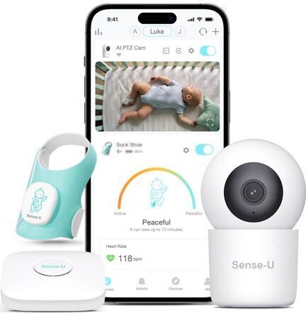 Baby Monitor, Sense-U Baby Smart Sock Shoe Bundle(Sock Shoe Plus 2.5K PTZ Camera) - Track Heart Rate, Sleep Movement, Heartbeat, Pan-Tilt-Zoom...