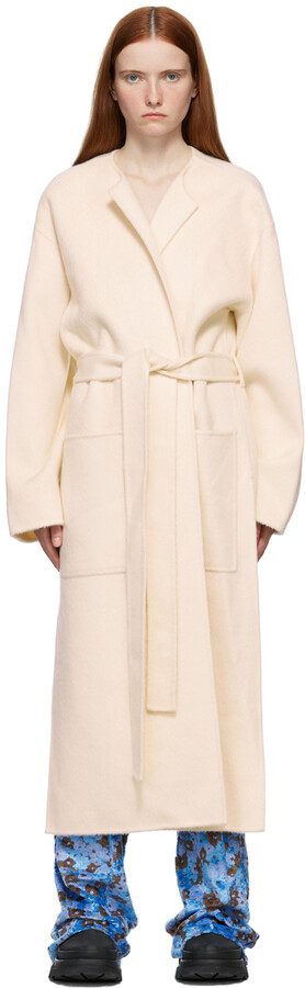 white collarless coat
